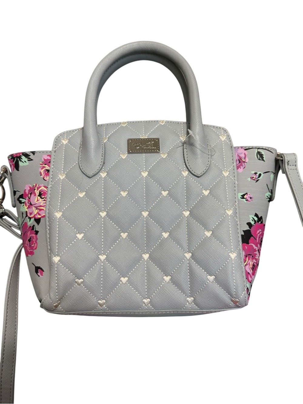 Luv Betsey by Betsey Johnson Kassie Satchel Grey Quilted Hearts Floral Bag